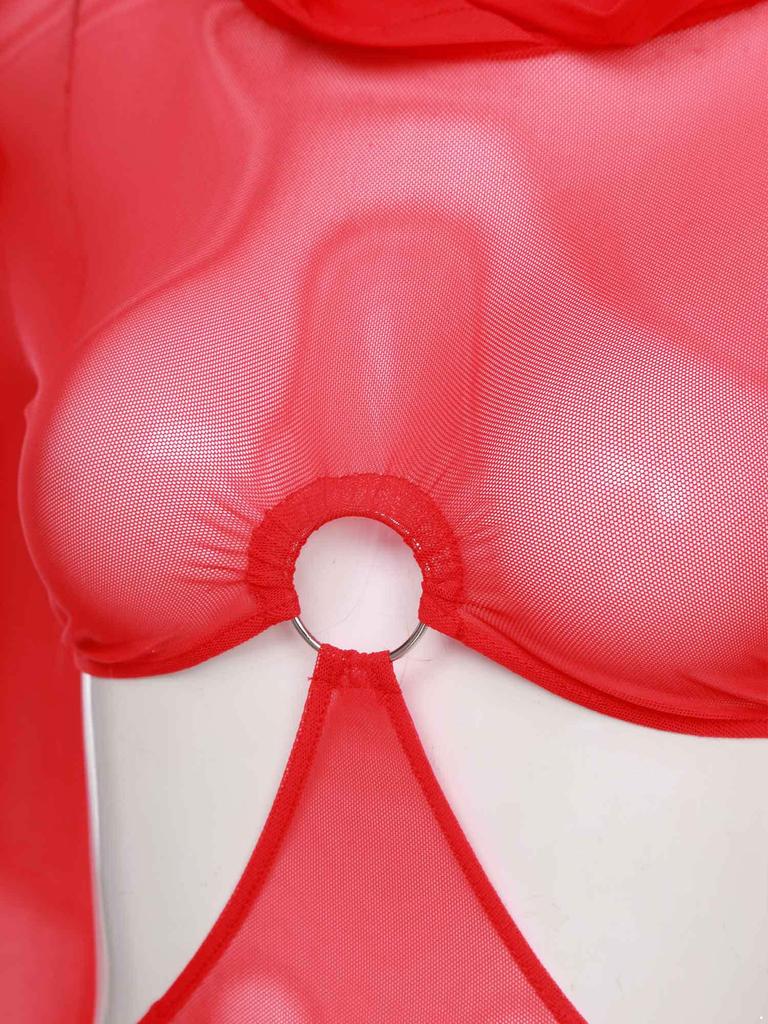 Fashion Women Sheer Dress Maxi Hollow Out Mesh Coverup with Long Sleeves Hooded Mask and High Slit, Sexy Party Club Wear