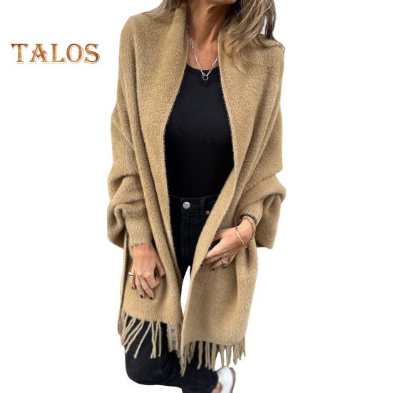 Winter Fall Women Jacket Thick Fleece Fringe Tassel Hem Long Bat Sleeves Open Stitch Cardigan Knitted Fuzzy Mid Length Coat Outdoor Daily Wear Shawl