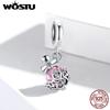 925 Sterling Silver Shiny Pink Cubic Zirconia Retro Patterns Perfume Bottle Charm Pendant for Original 3mm Bracelets & Necklaces