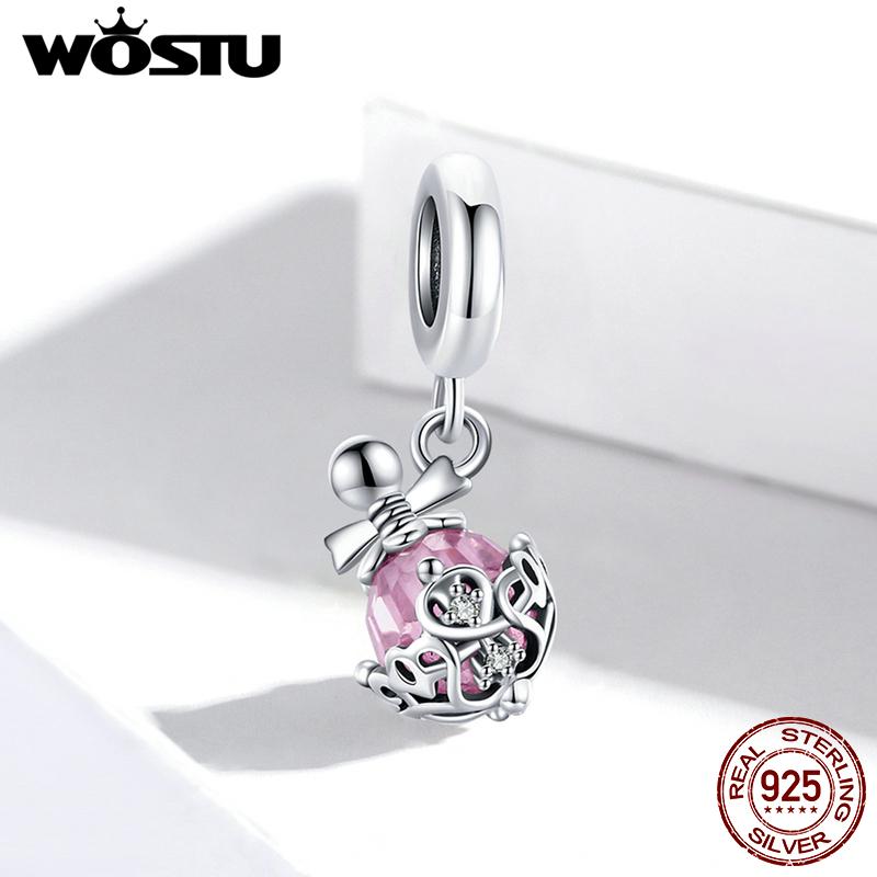 WOSTU 925 Sterling Silver Shiny Pink Cubic Zirconia Retro Patterns Perfume Bottle Charm Pendant for Original 3mm Bracelets & Necklaces