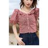 Women' Blouse 2023 Summer New Ruffles Red Plaid Commuter Puff Sleeve Casual All-match Soft Elegant Female Pullover Tops MXC37X1271