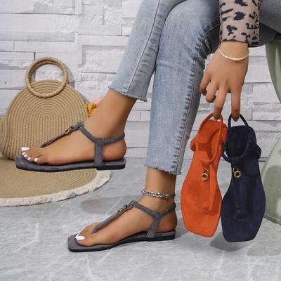 Женские сандалии-стринги на плоской подошве, металлические пряжки, открытый носок, римские пляжные туфли