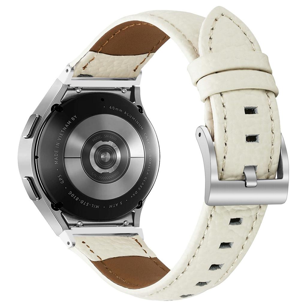 Genuine Cow Leather Strap with Connector for Samsung Galaxy Watch FE 40mm/Watch7/Watch6/Watch 5/Watch4 Litchi Texture Silver Buckle Watch Band