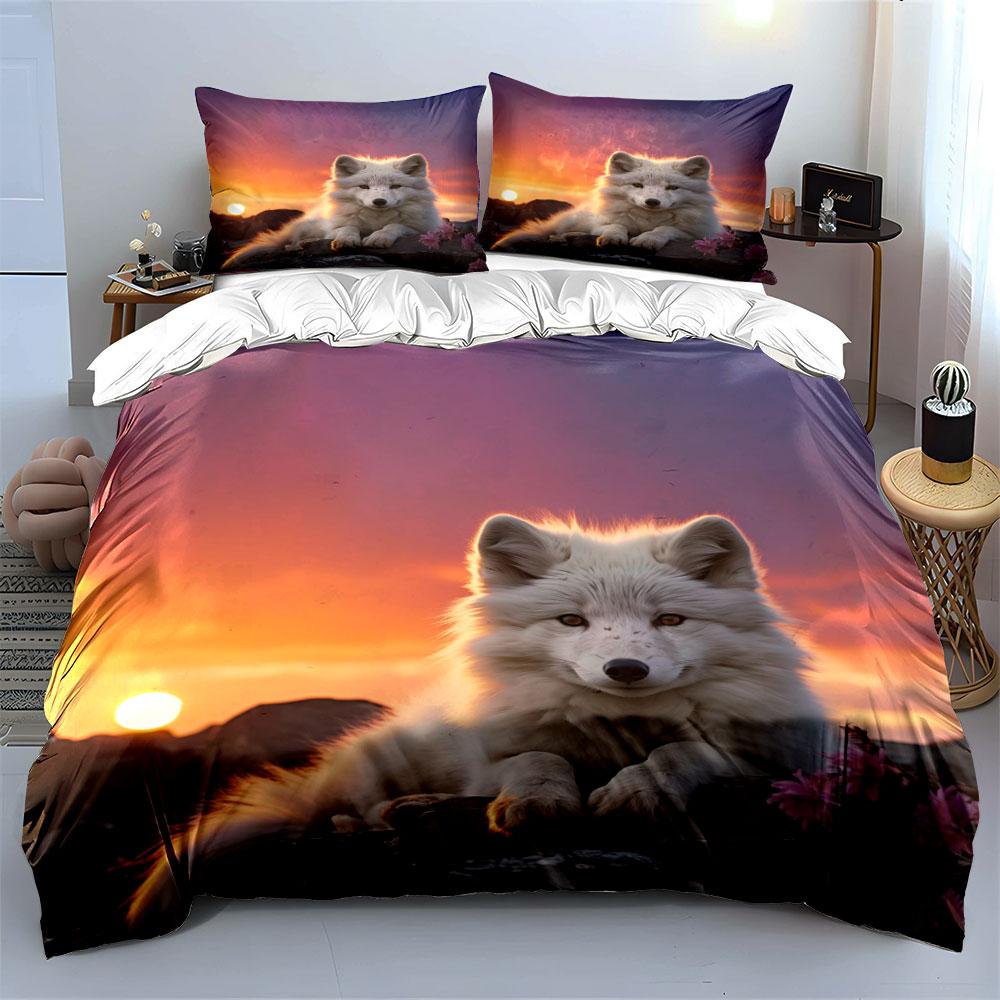 White fox, sunset background. Bedding sets Duvet cover sets Duvet covers Pillowcases(1* Duvet Cover 2* Pillowcases without duvet insert)