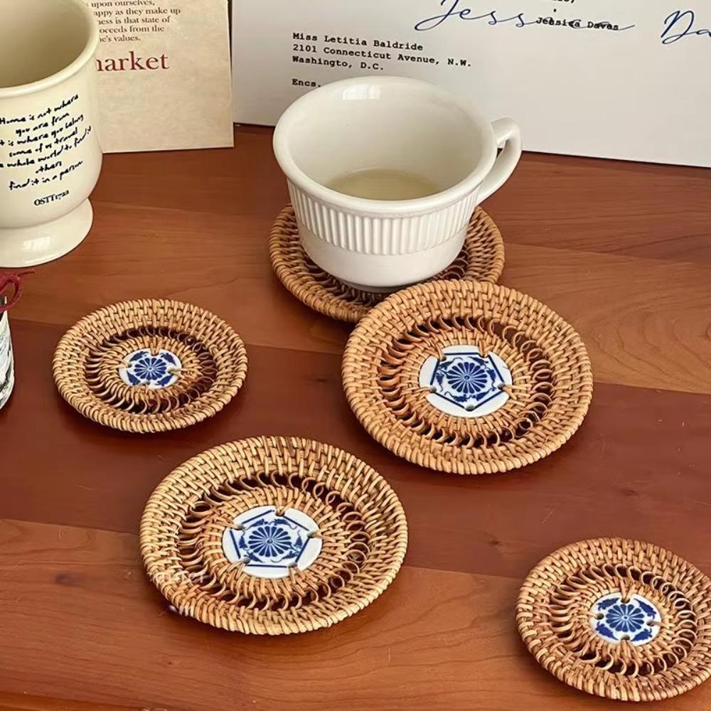 Rattan Weaving Teacup Mat Handmade Drink Cup Mat Vietnamese Rattan Ceramic Coaster Bar