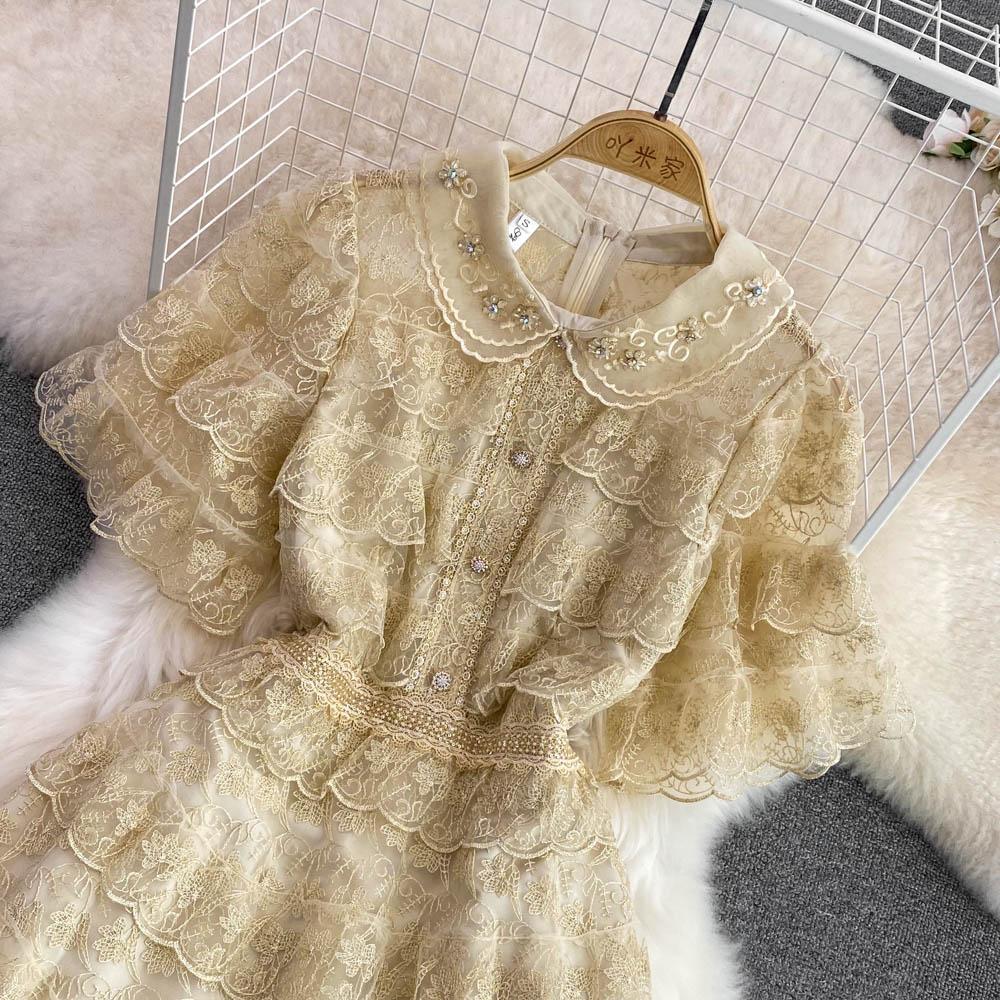 RUGOD Летнее светлое роскошное платье в дворцовом стиле в стиле ретро с кукольным воротником и высокой талией, тонкое кружевное платье трапециевидной формы, женское