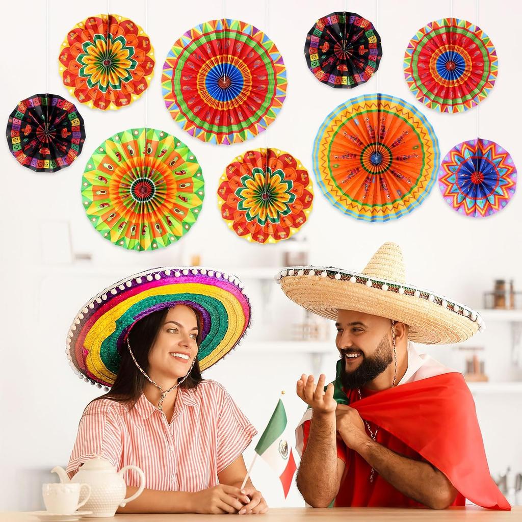 Outus 9 Pcs Mexican Fiesta Hanging Paper Fans Decorations Fiesta Party Supplies Cinco De Mayo Ceiling Wall Decor for Taco Tuesday Event Decor Luau