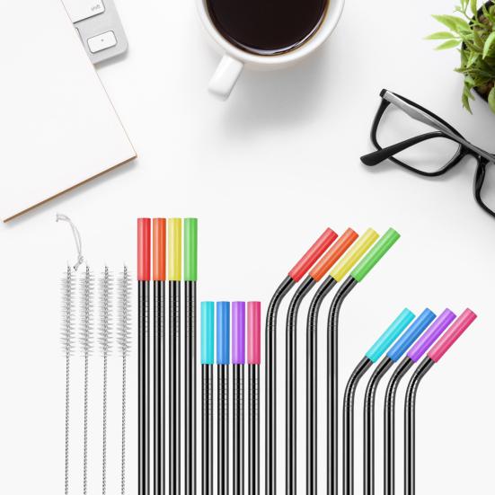 16 шт./компл., яркие цветные соломинки с силиконовыми наконечниками, устойчивые к ржавчине металлические трубочки, которые можно мыть в посудомоечной машине, соломинки для питья с чистящей щеткой