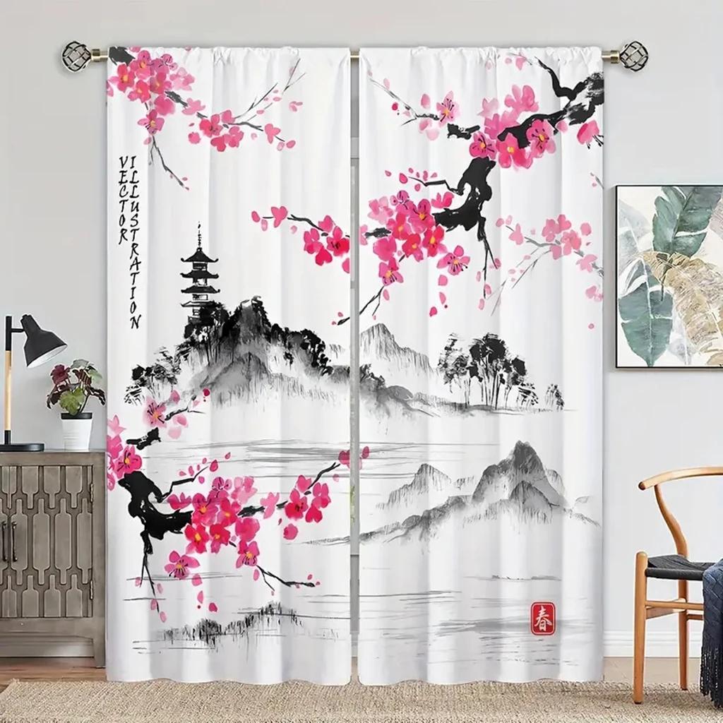 2pcs Japanese Cherry Blossom Moon Minimalist Curtains for Living Room Bedroom Modern Window Decor