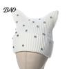 Knitted Winter Hat for Women Cat Ear Girls, Striped Slouchy Crochet Headgear Trendy Festival Fashion with Shiny Rhinestones, Cute Warm Cap Contrast