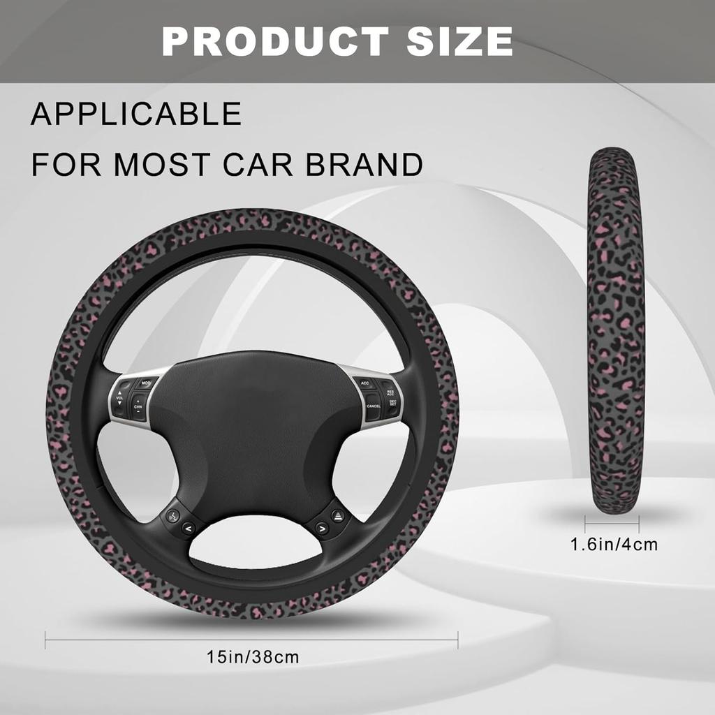 Pink Black Leopard Cheetah Print Steering Wheel Cover, Cute Anti-Slip Breathable Car Accessories Interior Elastic Steering Wheel Cover for Women Fit