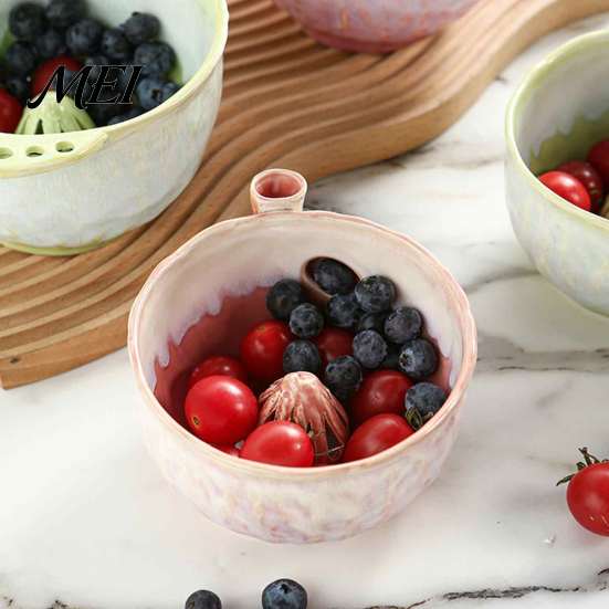 Kitchen Prep Strainer Ceramic Berry Swirl Washing Bowl, Self Spinning Fruit Colander Rotating with Drain Holes, Tool for Strawberries Grapes Cleaning