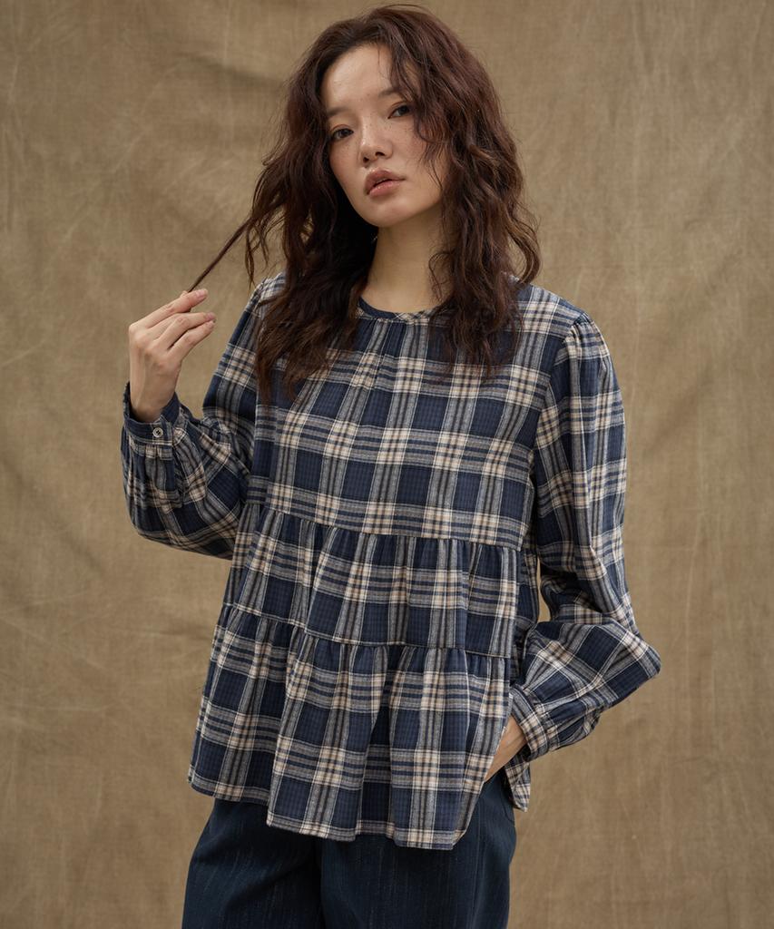 MANAVIS7 Check Ribbon Blouse [Navy]