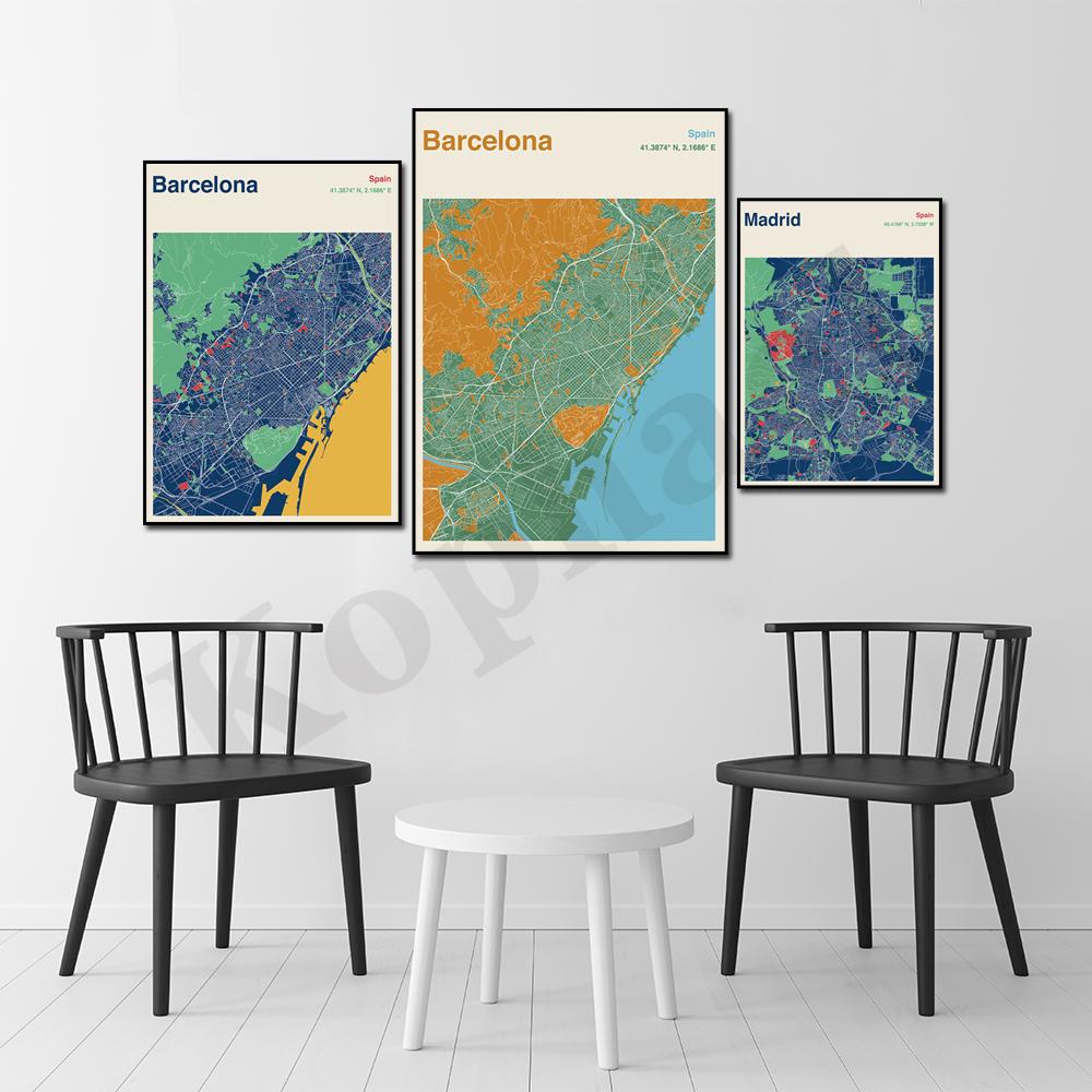 Барселона. Севилья. Бильбао. Мадрид. Альмерия. Цветная карта городов Испании. Искусство стены. плакат