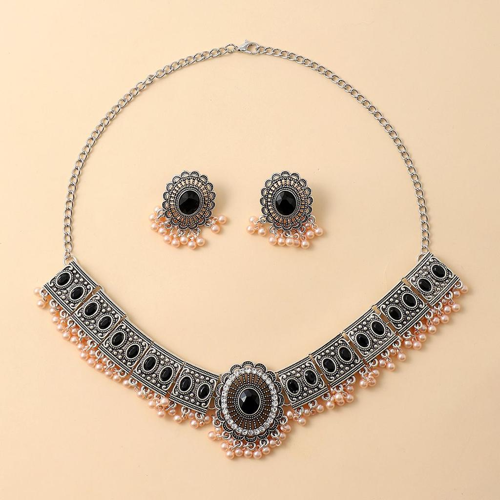 Модная ретро-шаровая цепочка на шею с кисточками, женская цепочка с бриллиантами и цветком на ключицу, древнее серебро, геометрическое ожерелье, комплект сережек