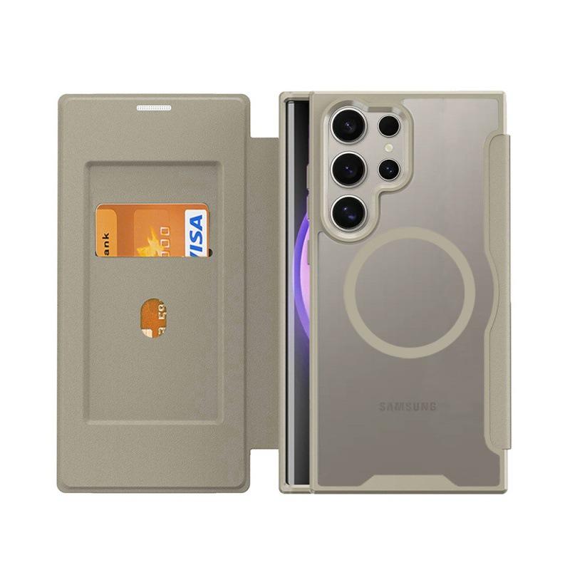 Кожаный чехол-книжка S24 Ultra для Samsung и iPhone 16 ProMax, прозрачный магнитный чехол для мобильного телефона с MagSafe