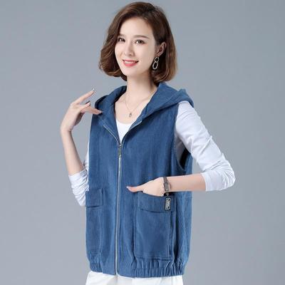 Вельветовый жилет Женщины носят универсальный короткий жилет с капюшоном весной и осенью Тонкий полосатый жилет пальто