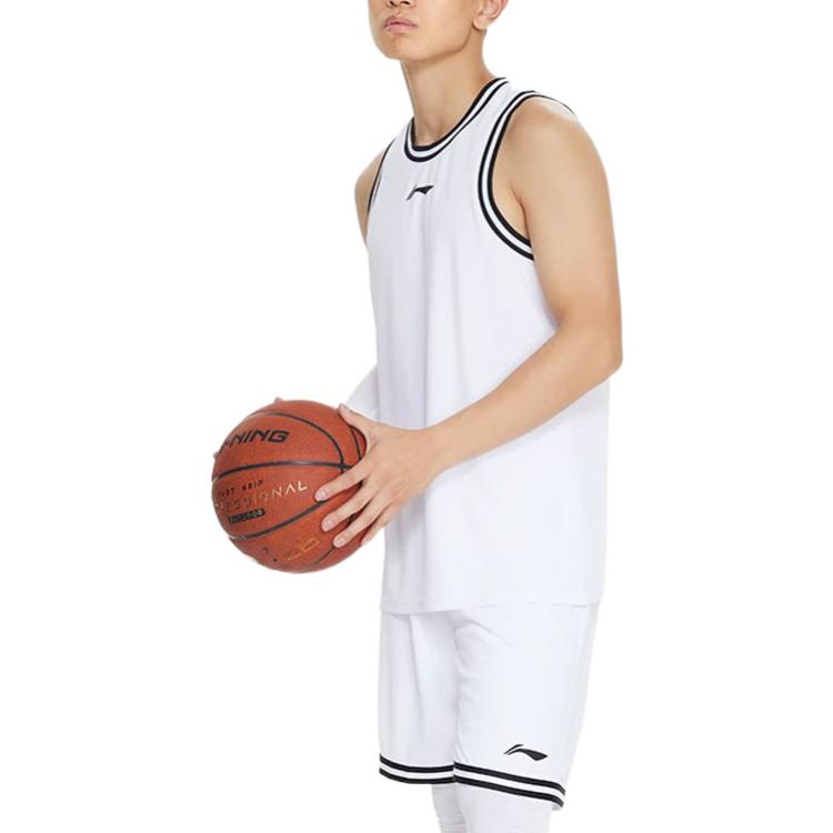 Li Ning Sports Basketball Series Logo Print Striped Round Neck Slim Shorts Set Men Sportswear White AATS003-4