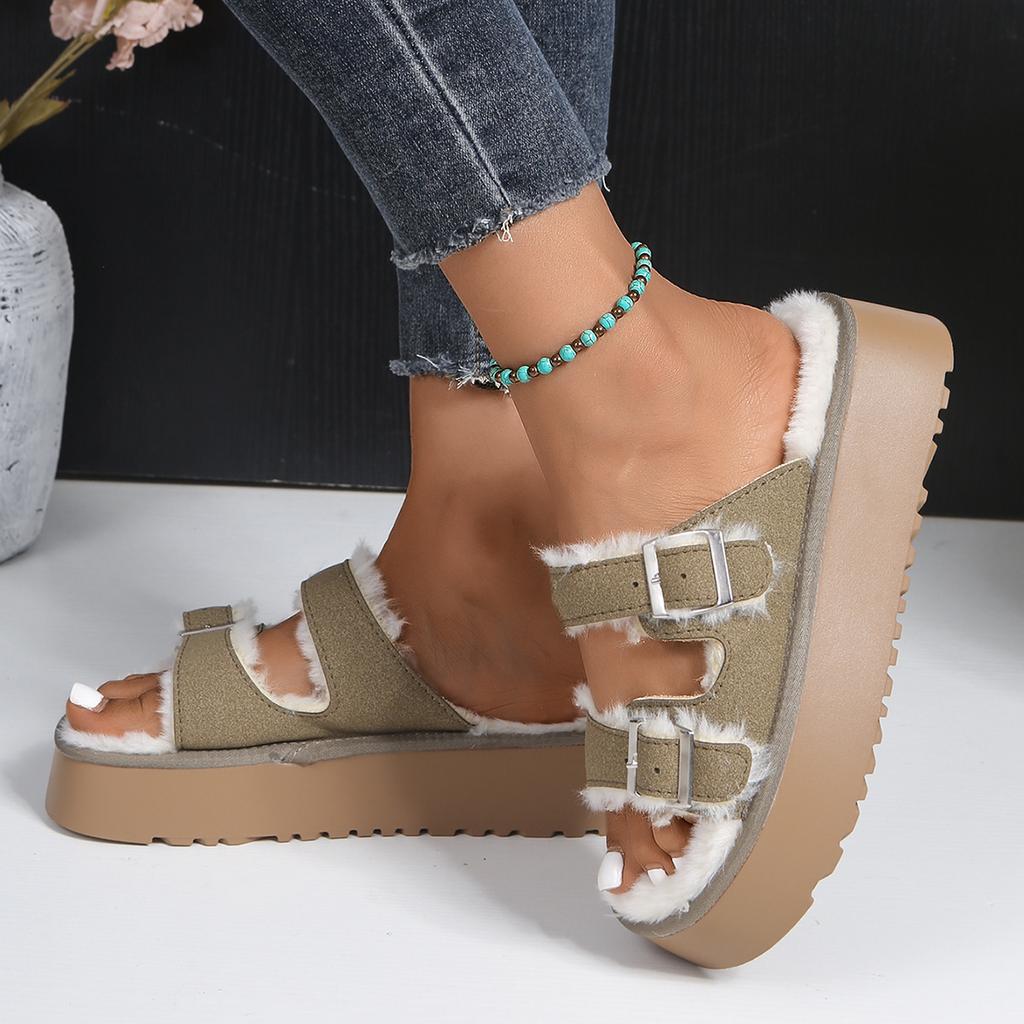 Модные женские шлепанцы на платформе, модные теплые хлопковые туфли плюс, женские зимние новые шлепанцы с круглым носком, шлепанцы с открытым носком и металлической пряжкой, женские слайды