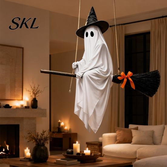 Cute Ghost with Broom Decoration Hanging Halloween Witch Hat and Broom, Spooky Flying Creative Welcome Ornament for Haunted House Porch Tree