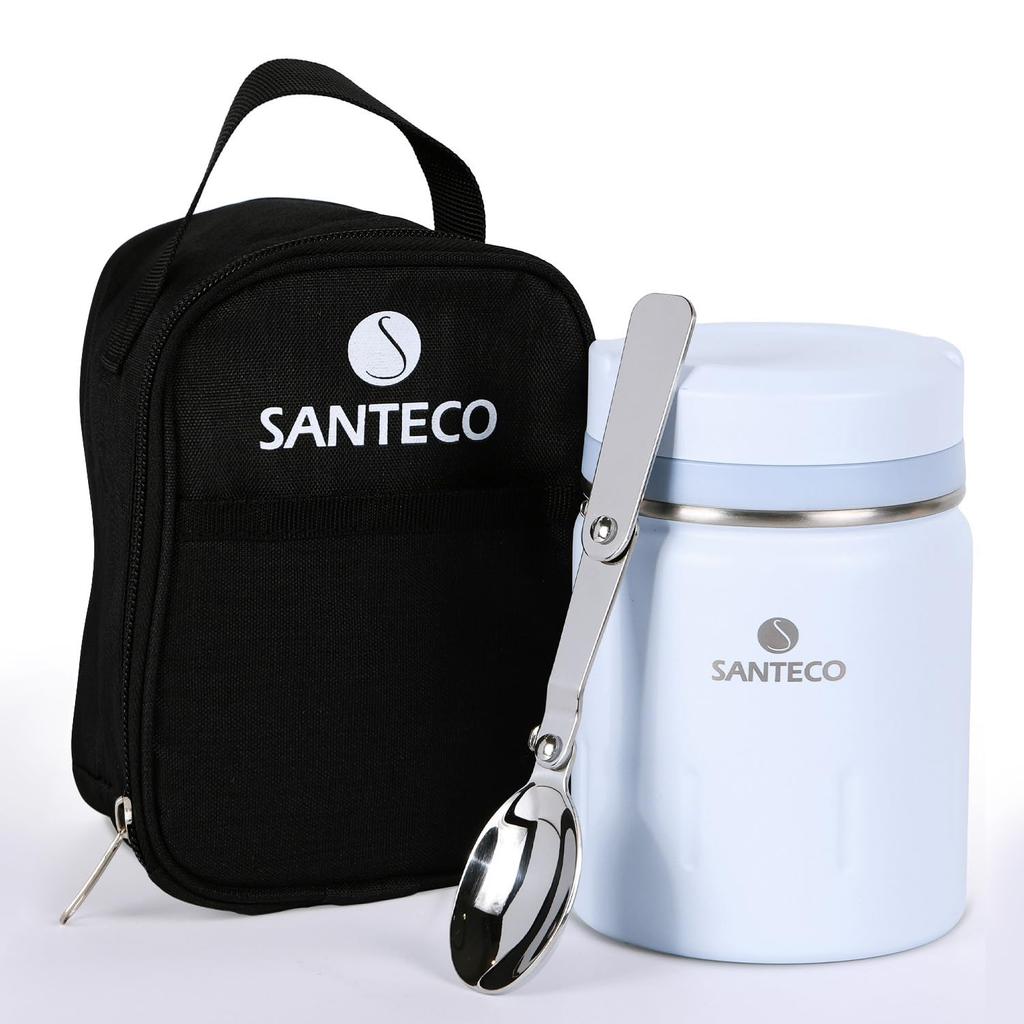 SANTECO Суповой термос с широким горлом, изоляция, сумка для ланча, идеально подходит для пикников и клубов, светло-голубая банка, 500 мл, горлышко, банка, ложка, в комплекте,