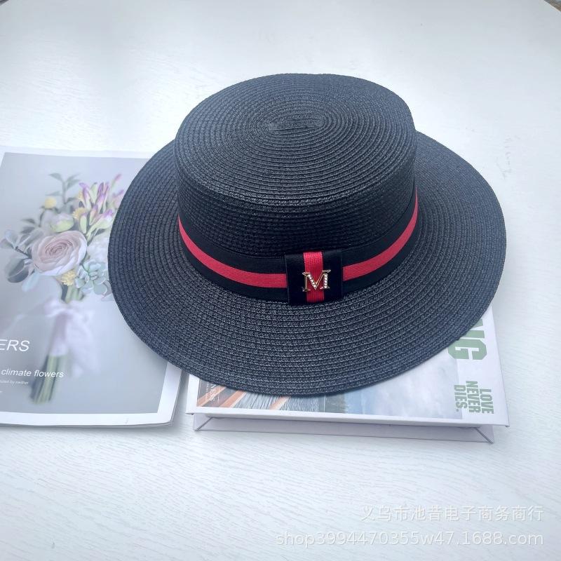 Hat multi-color striped M letter flat top top hat summer fashion travel shade sun protection big brim straw hat women
