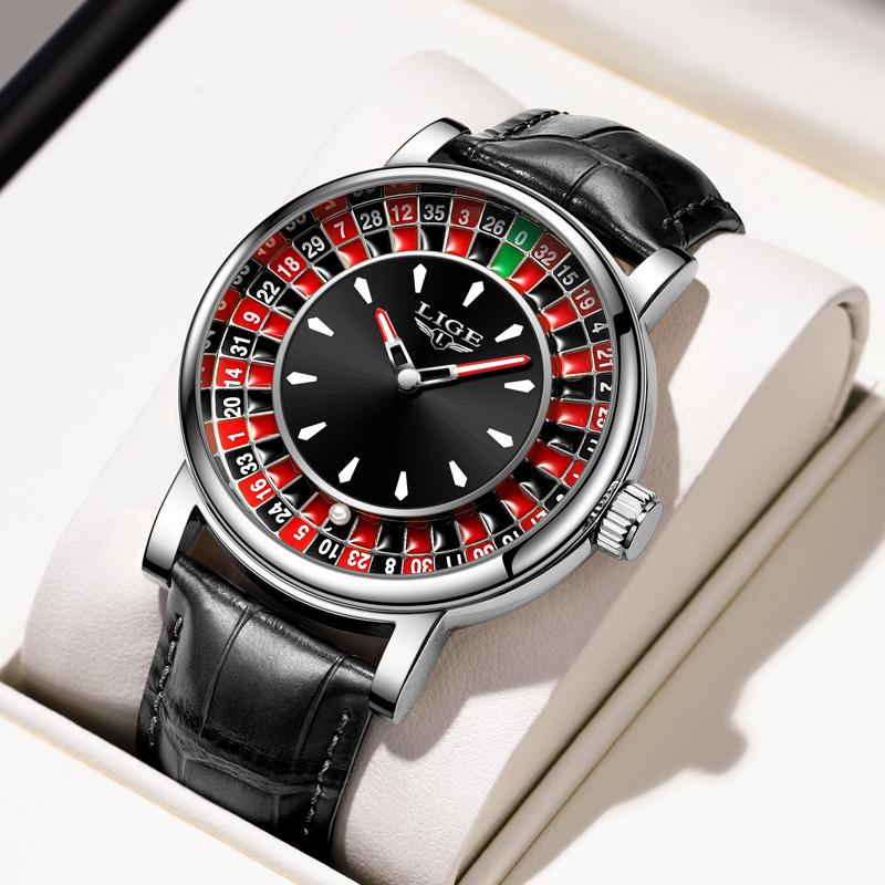 LIGE Creative Golden Mens Watches Roulette Game Dial Fashion Man Watch Waterproof Luminous Quartz Wristwatches Rolling Ball+Box