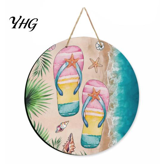 Holiday House Ornament Round Wooden Door Hanger, Watercolor Beach Welcome Sign, Hello Sunshine Decorative Sign Please Wall Plaque for Summer
