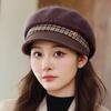 Knitted Yarn Pile Hat Women's Elegant and Fashionable Duckbill Beret Plus Velvet Large Head Circumference Ear Protection Hat All-match Trendy Outdoor