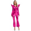 Metallic Shiny Bell Bottom Jumpsuit for Women S-3XL: Disco Style Romper with High Waist & Long Sleeves, Halloween Costume