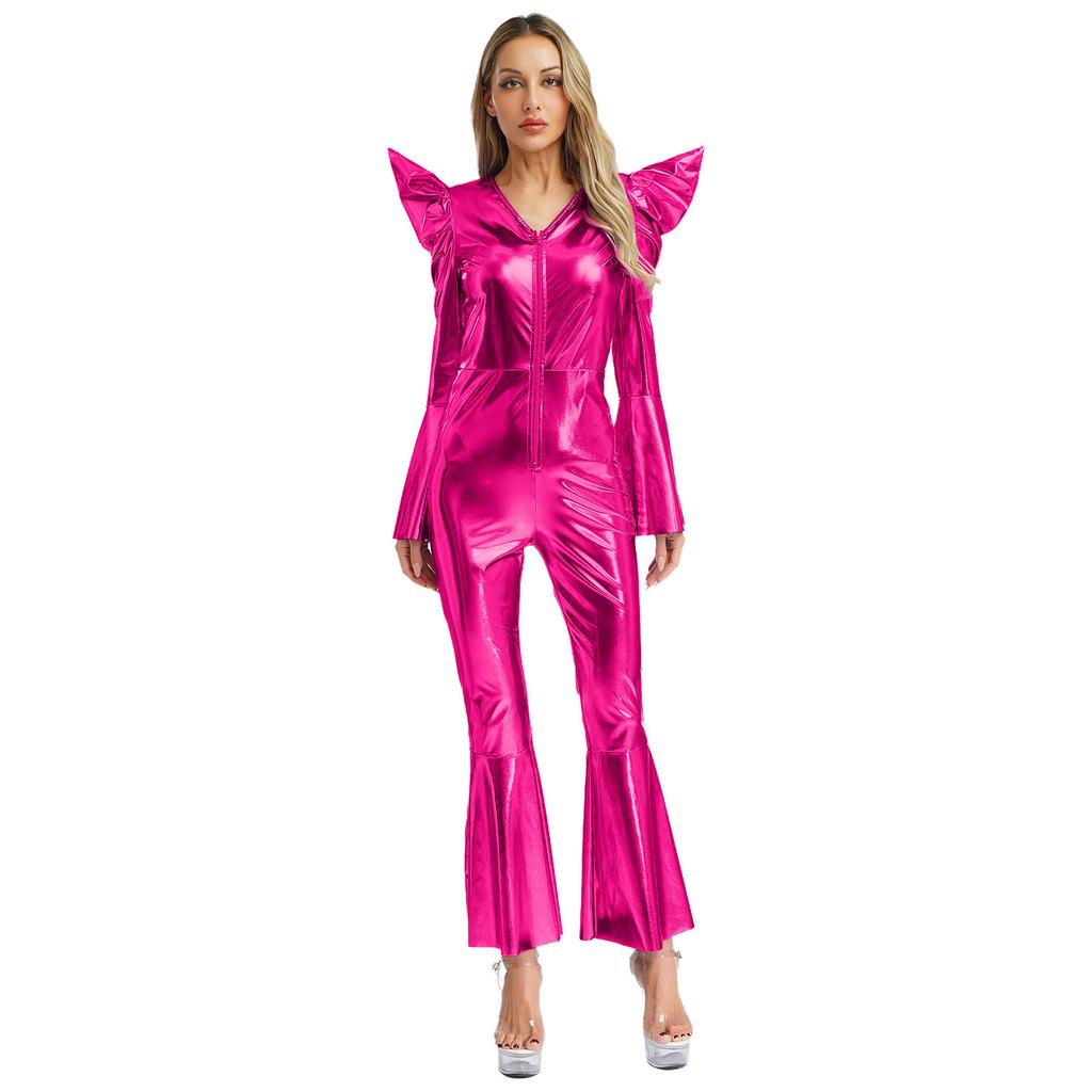 Metallic Shiny Bell Bottom Jumpsuit for Women S-3XL: Disco Style Romper with High Waist & Long Sleeves, Halloween Costume