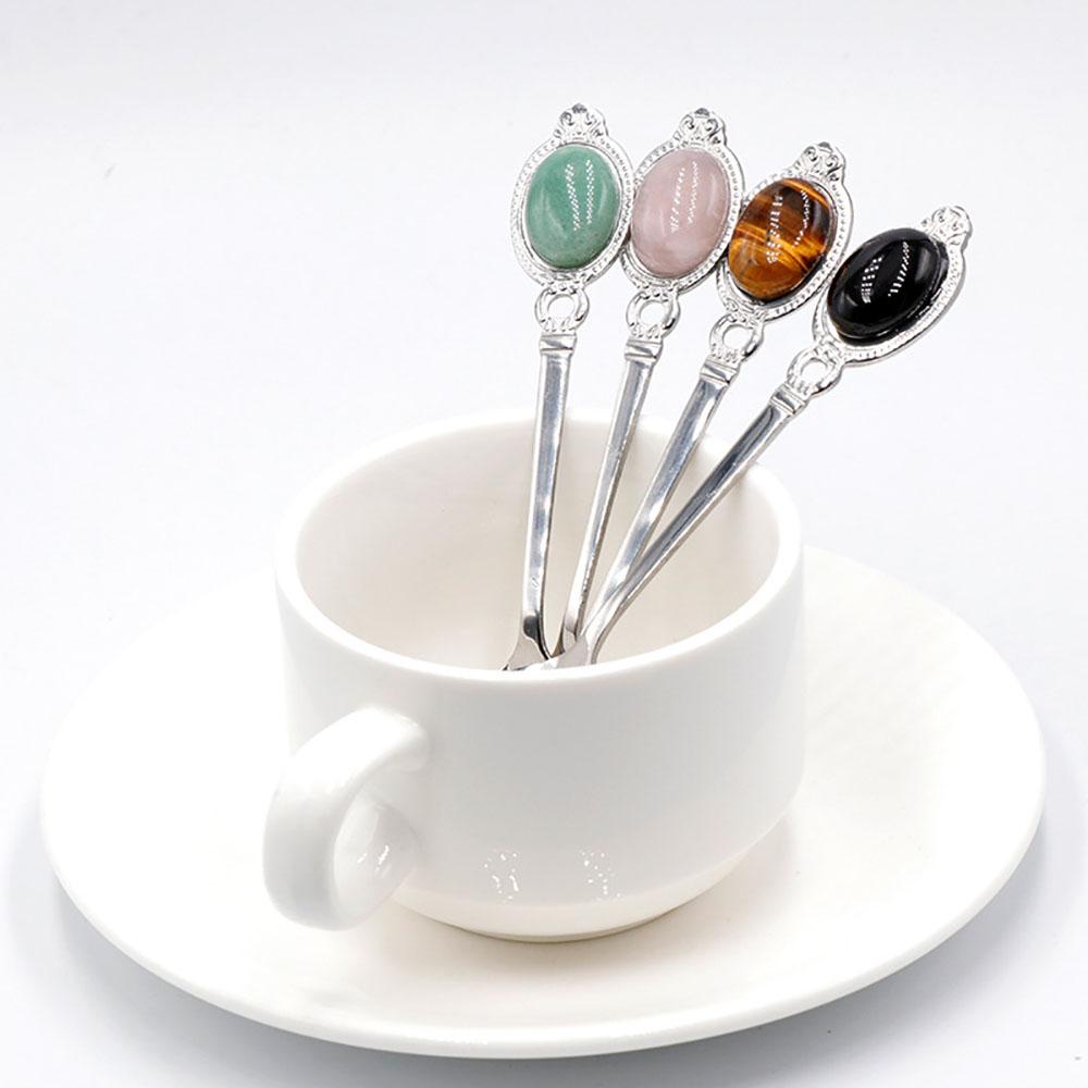 Natural Crystal Stone Stainless Steel Spoon Tea Coffee Dessert Spoons Healing Crystals Rose Quartz Gemstone Creative Home Decor