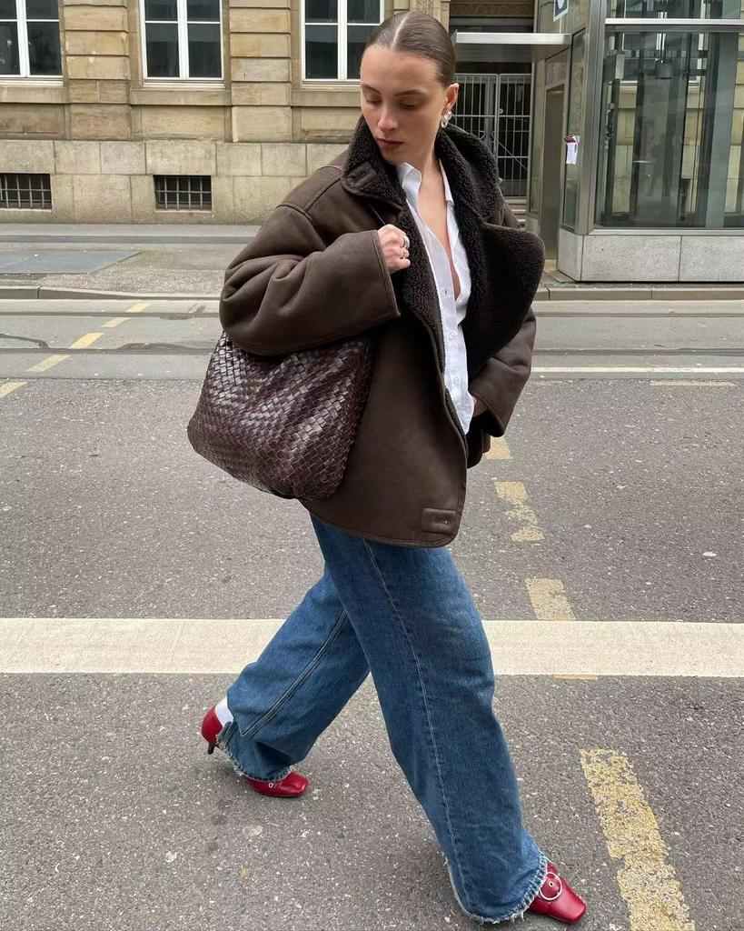 Женская куртка с лацканами из овчины большого размера 2023 года - Мода осень/зима в европейском и американском стиле