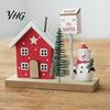 Wooden Cabin Ornaments for Desktop Mini Christmas Village House Figurine, Winter Scene Ornament with Snowman Red White Accents Bear & Mailbox, Nordic
