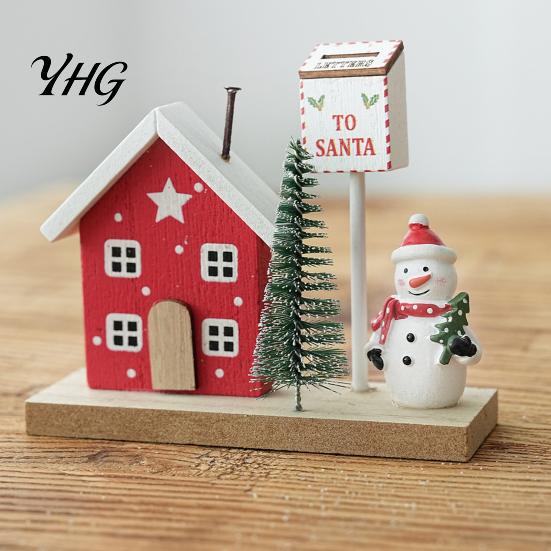Wooden Cabin Ornaments for Desktop Mini Christmas Village House Figurine, Winter Scene Ornament with Snowman Red White Accents Bear & Mailbox, Nordic