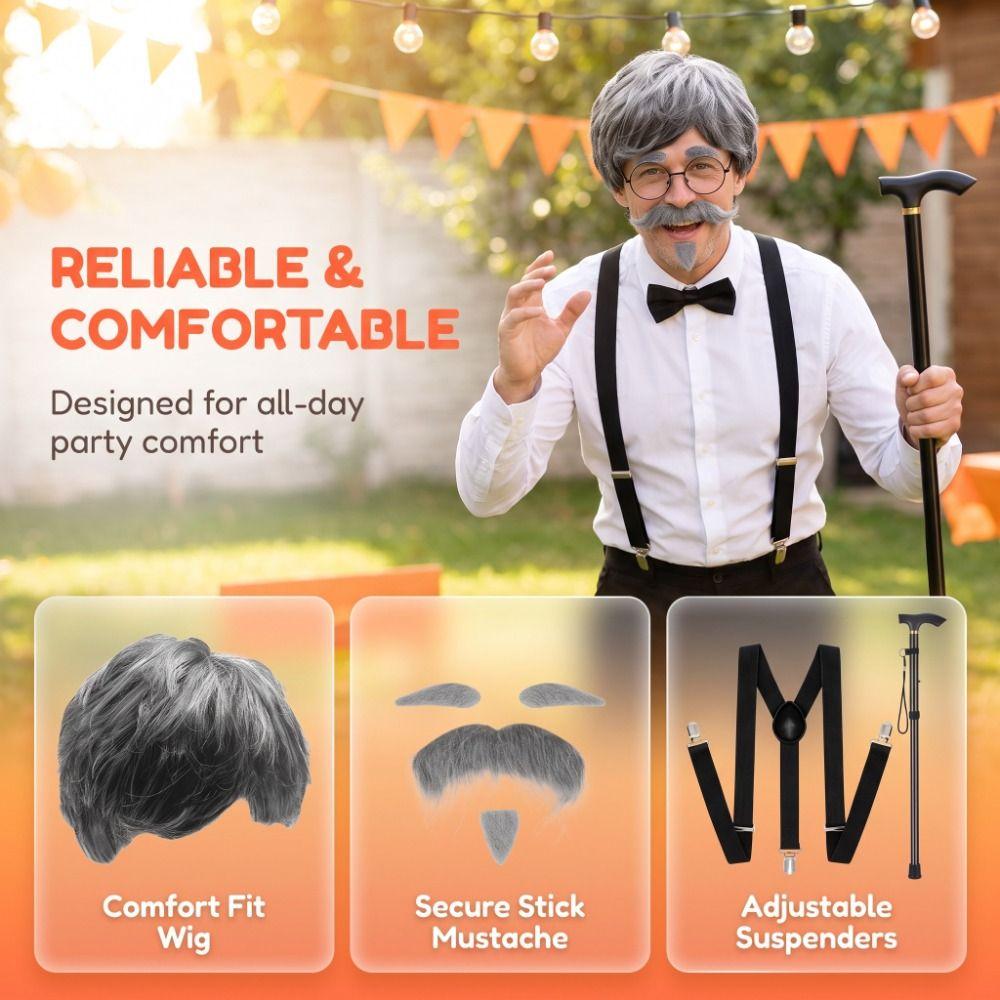 Accessory Set Grandpa Costume Set Hat Glasses Suspenders Cosplay Props Halloween Costume Role‑Play