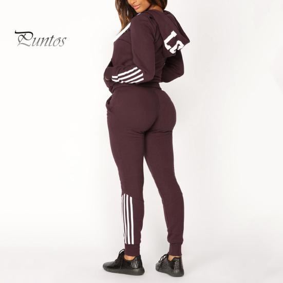 2 Pcs/Set Women Hoodie Pants Suit Hooded Long Sleeves Solid Color Zip-up Coat Elastic High Waist Ankle-banded Trousers Sport Fall Winter Tracksuit