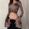 Gothic Flare Sleeve See Through T-shirts Emo Lettuce Hem Sexy Streetwear Punk Aesthetic Print Y2k Mesh Women Crop Tops
