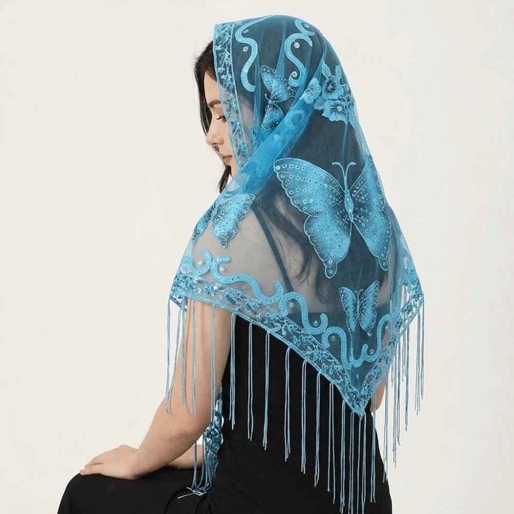 Butterfly Lace Hollow Scarf Polyester Mesh Scarves Elegant Tassel Triangle Shawl Church