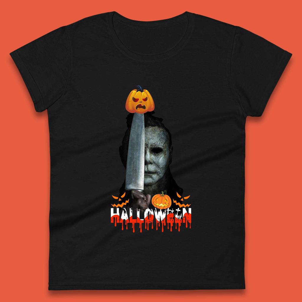 Halloween Michael Myers Holding Knife Pumpkin Horror Movie Character Serial Killer Womens Tee T Shirt Mens Tops Unisex Top