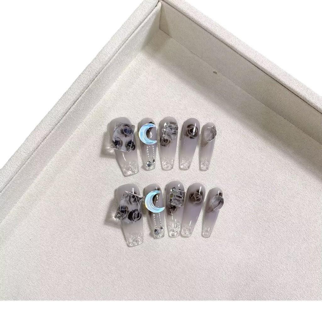 100% РУЧНАЯ РАБОТА Длинный набор накладных ногтей в форме гроба с клеем. Длинные измельченные ледяные голубые лунные ногти. Акриловые накладные ногти. Многоразовые накладные ногти.