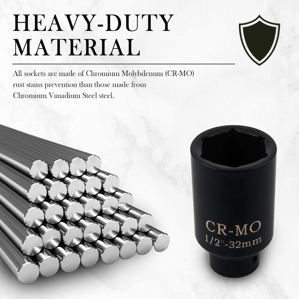 32Mm Socket 1/2 Drive With 6 Point Design,Anti-Rust Axle Nut Sockets Set For Quick Shaft Nut Removal,Professional Deep Impact Socket Set 1/2 Drive