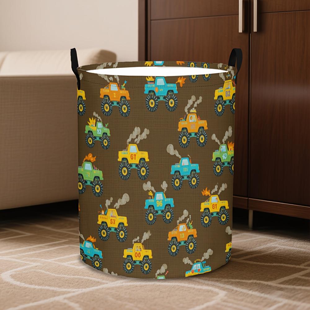 1pc Laundry Basket, Cartoon Truck Design Dirty Clothes Basket, Foldable Storage Basket with Handle, Polyester Material, Perfect for Organizing Bathroo