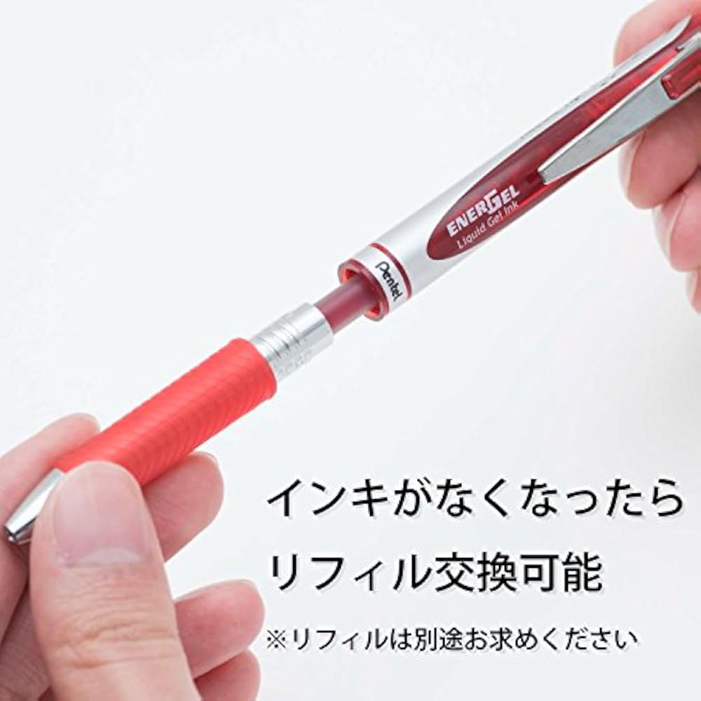 Шариковая ручка Pentel, гелевые чернила, гелевая, нажимной механизм, 0,7 мм, серебристый корпус, BL77-B, Красный, 10 шт.