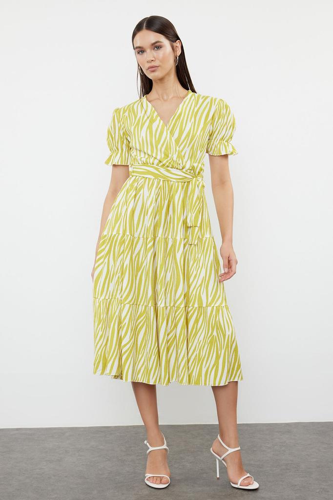 Женское стильное платье, масляно-зеленое платье с принтом, двубортная юбка с поясом, вязаное платье с рюшами