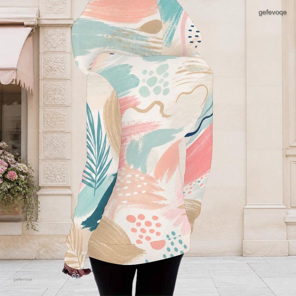 Women Plus Size Long Sleeve Front Zip Hoodie Abstract Printed Blue Green Pink Casual Top