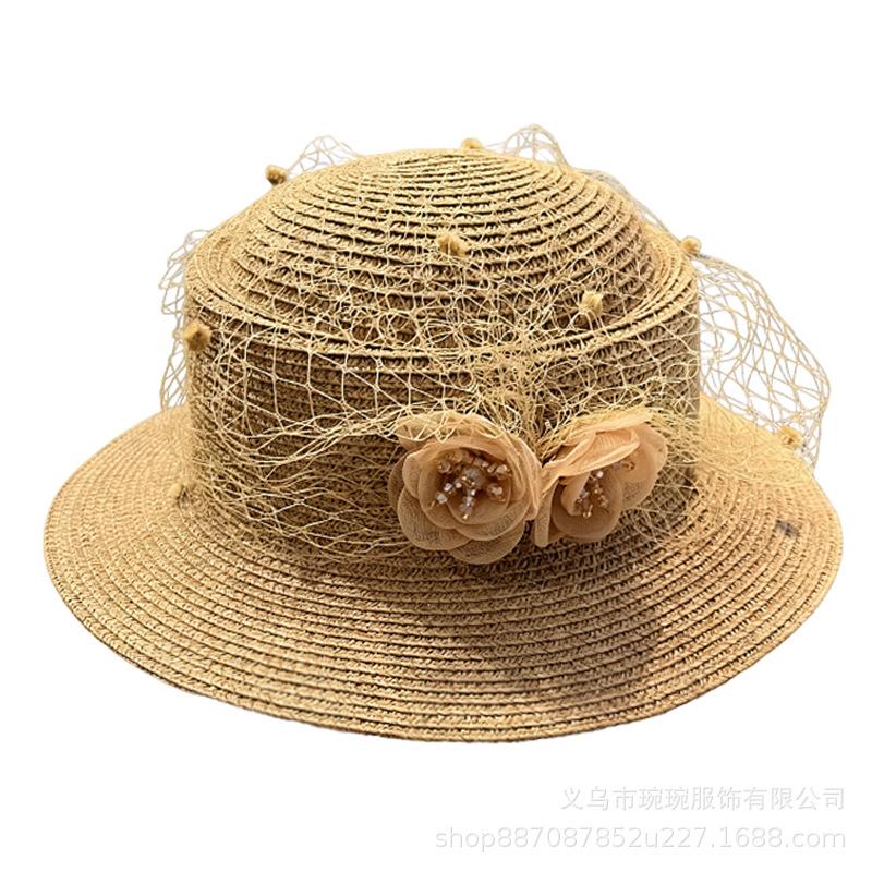 French sun hat mesh flower sun hat British flat top straw hat sun protection sun shade beach hat fashion hat top hat