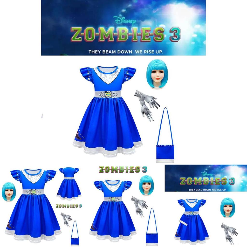 Kids Zombies 3 Cheerleader Cosplay Costume Halloween Dress Bag Wig Suit Gift Set