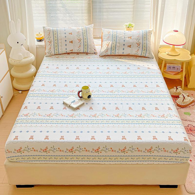 White Flower Print 100% Cotton Fitted Sheet Set Deep Pocket Elastic Mattress Cover with Pillowcases Soft Breathable Bedding Set