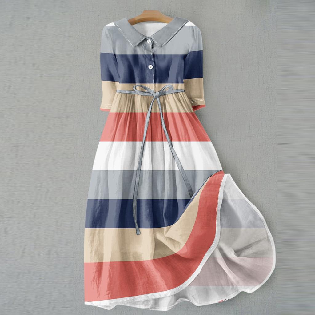 Женская мода повседневное платье с воротником на лацкане и пуговицами с рукавами 3/4 и бретелями